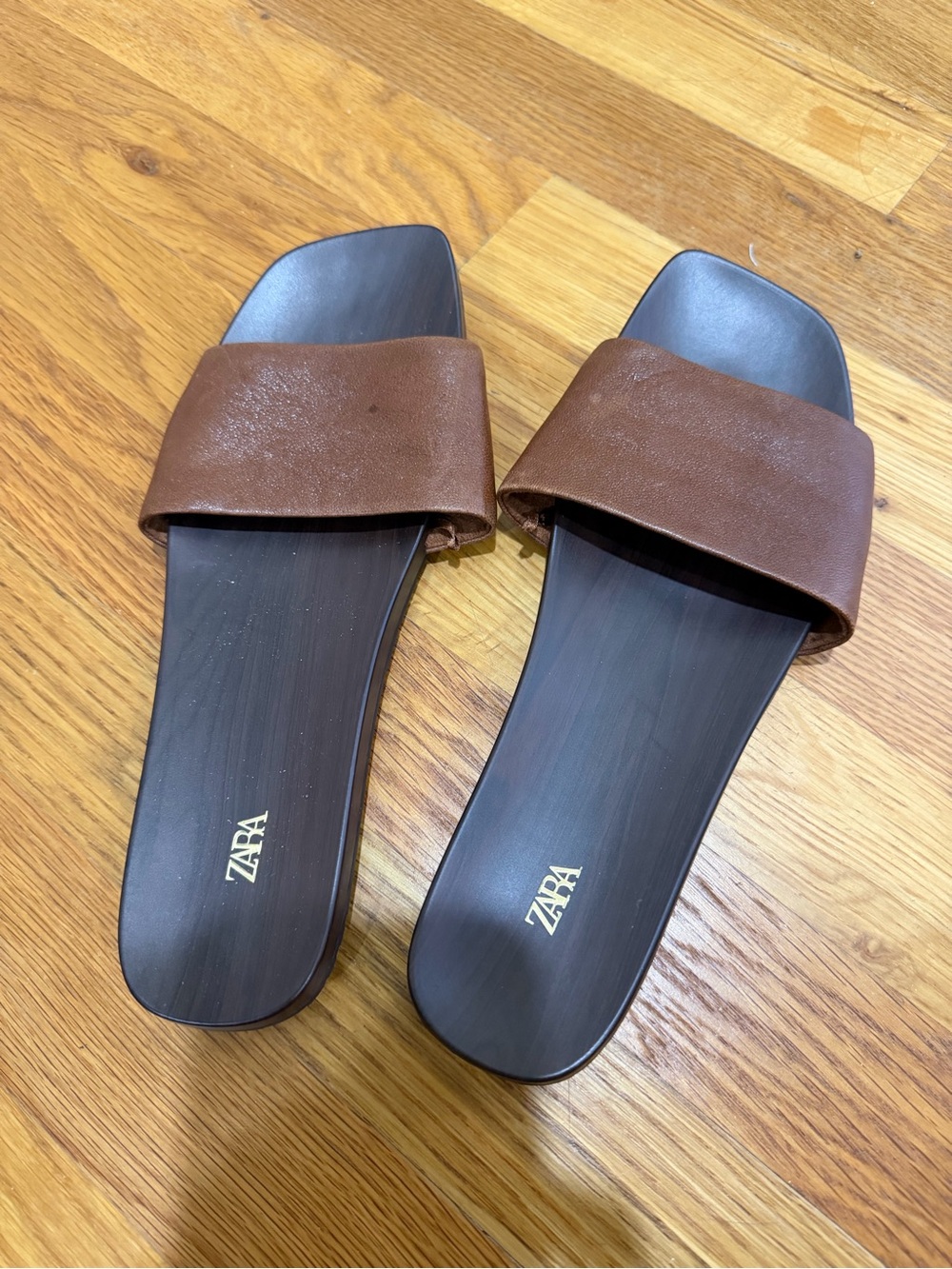 Zara Brown Wide Strap Slide Sandals with Black Footbed